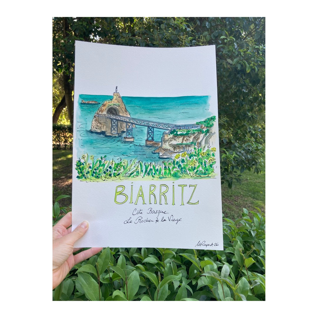 Original drawing of Biarritz, Rocher de la Vierge, Pays Basque, France