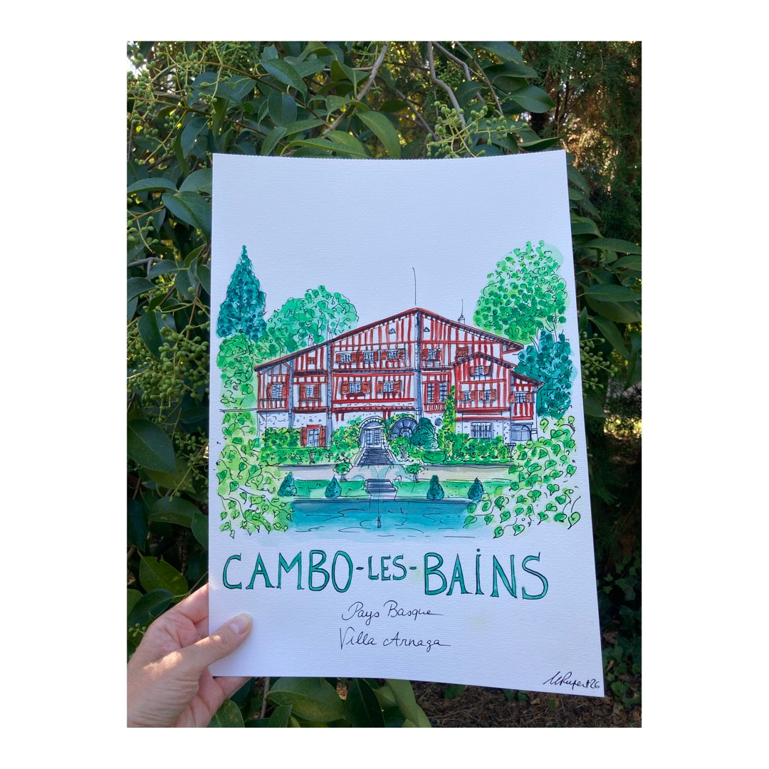 Original drawing of Cambo-les-Bains, Pays Basque, France