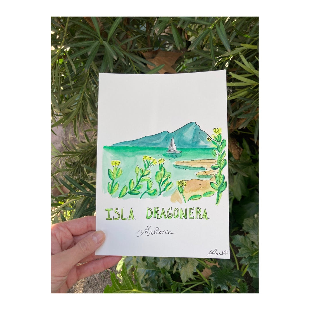 Original drawing of Sant Elm, Isla Dragonera & Flowers, Mallorca
