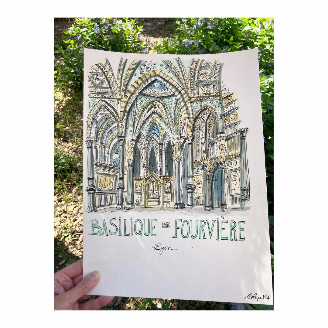 Original drawing of Lyon, Basilique Notre-Dame de Fourvière, intérieur