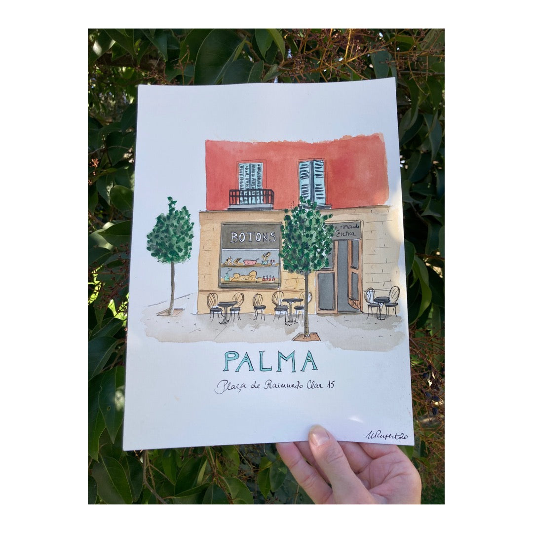 Original drawing of Mallorca, Palma, Plaça de Raimundo Clar