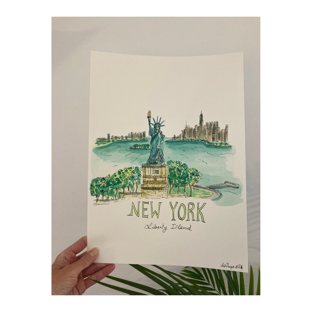 Original drawing of New York City, Liberty Island