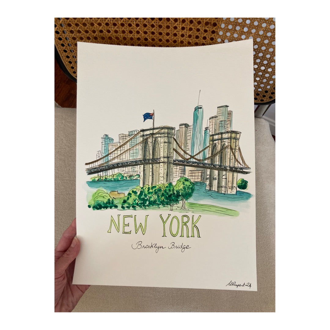 Original drawing of New York City, Brooklyn Bridge