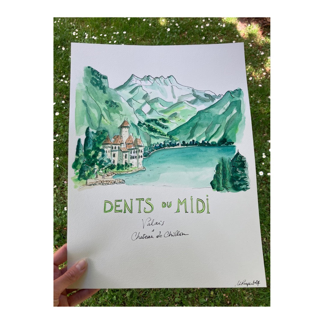 Original drawing of Swiss Mountain, Dent du Midi