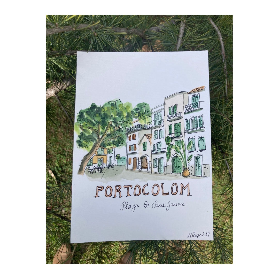 Original drawing of Portocolom, Plaza de Sant Jaume, Mallorca
