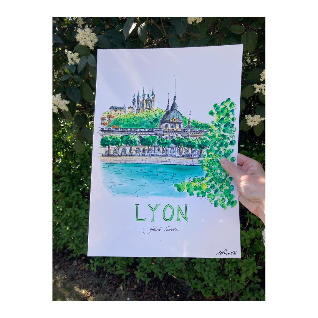 Original drawing of Lyon, Hôtel-Dieu & Rhône