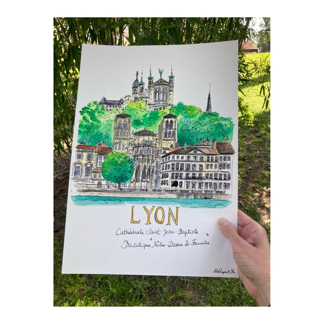 Original drawing of Lyon, Cathédrale Saint-Jean & Basilique Notre-Dame de Fourvière