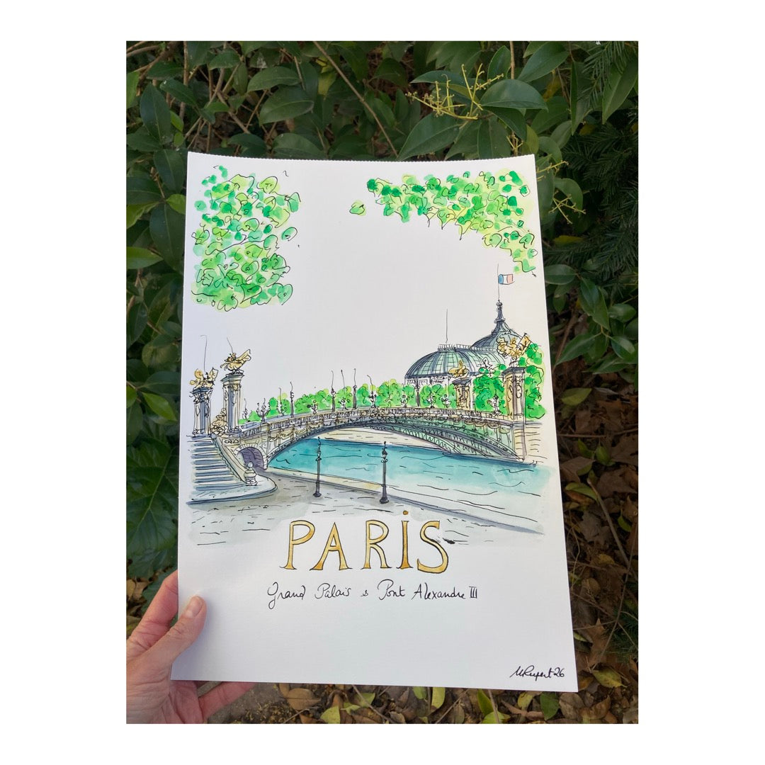 Original drawing of Paris, Grand Palais, Pont Alexandre III