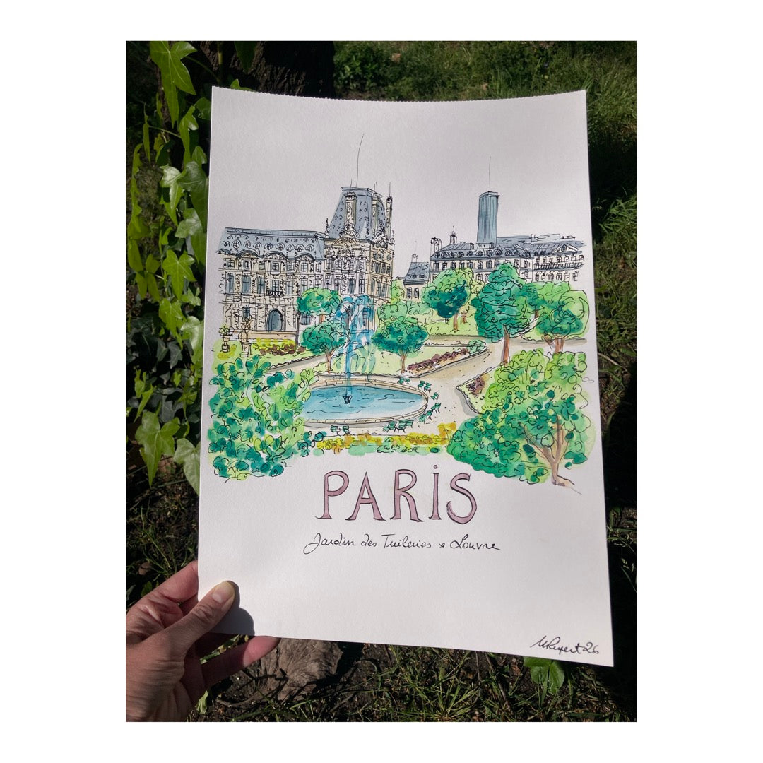 Original drawing of Paris, Louvre & Jardin des Tuileries