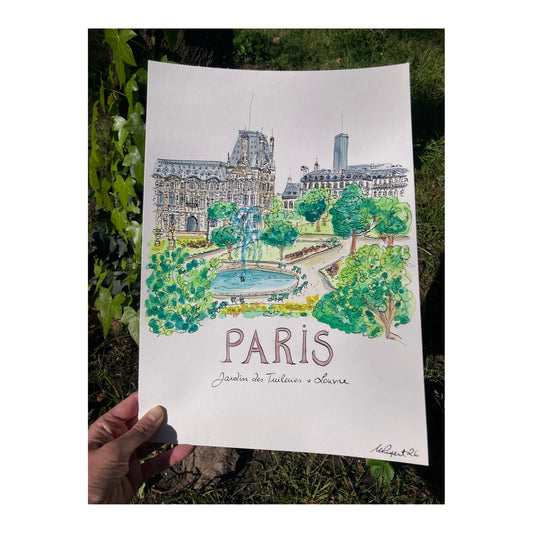 Original drawing of Paris, Louvre & Jardin des Tuileries