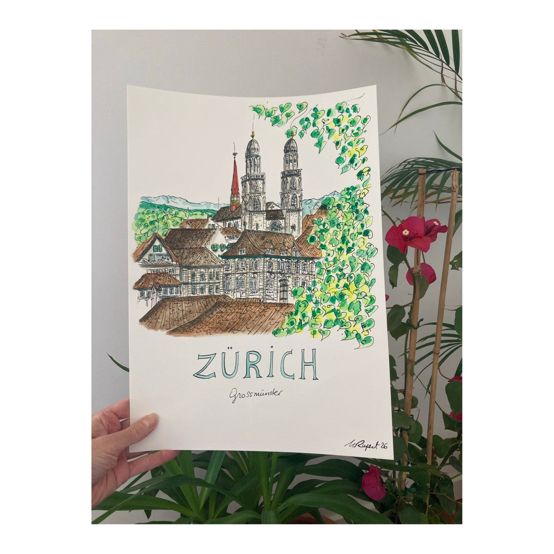Original drawing of Grossmünster Zürich, Switzerland