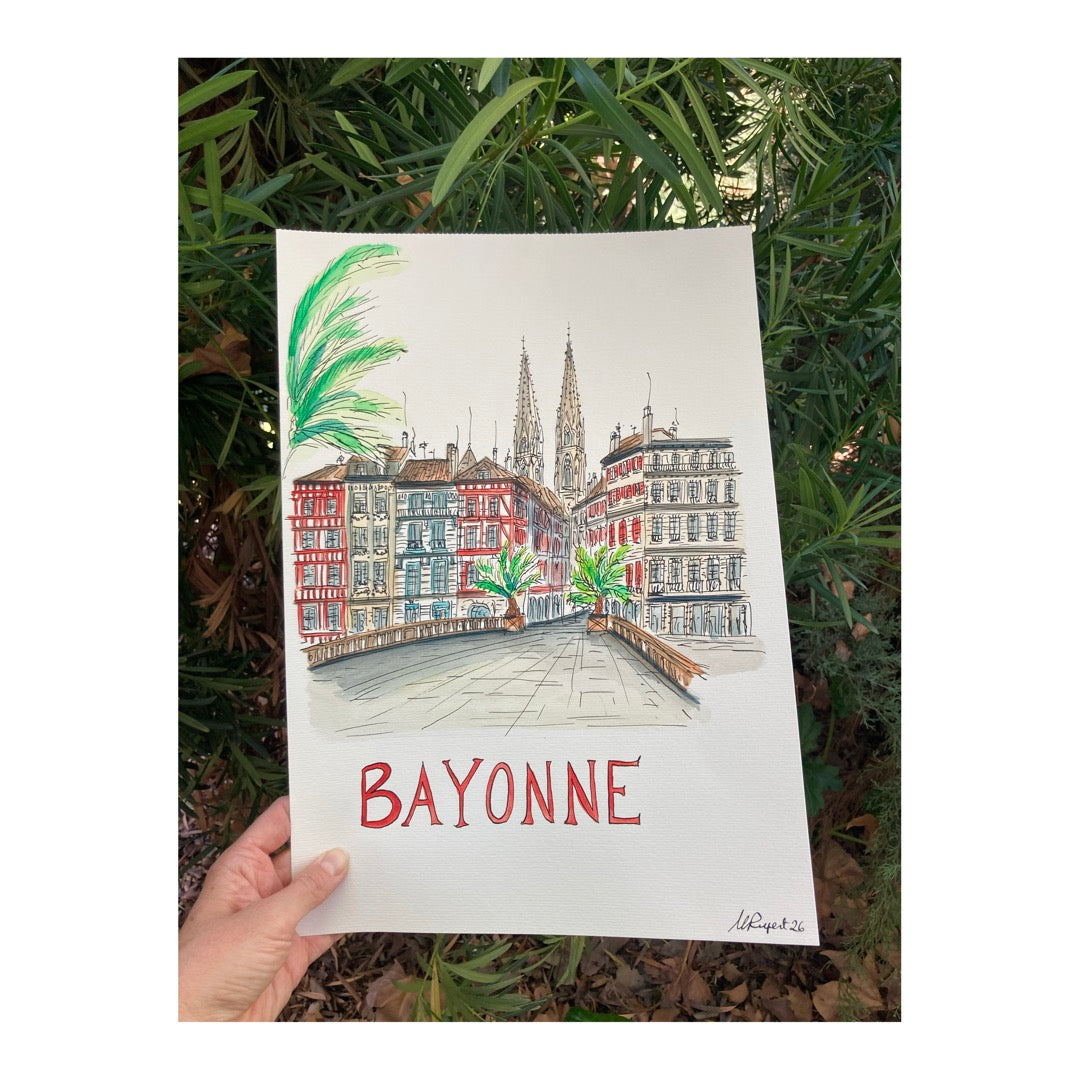 Original drawing of Bayonne, Pays Basque, France