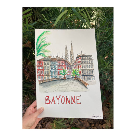 Original drawing of Bayonne, Pays Basque, France