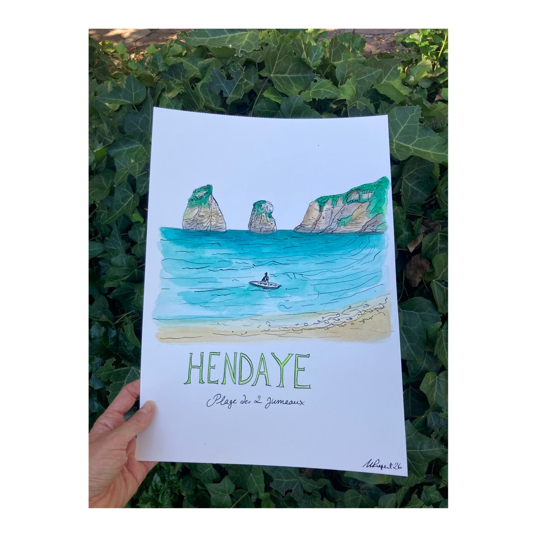 Original drawing of Hendaye, Plage des 2 Jumeaux, Pays Basque, France