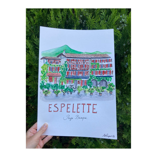 Original drawing of Espelette, Pays Basque, France