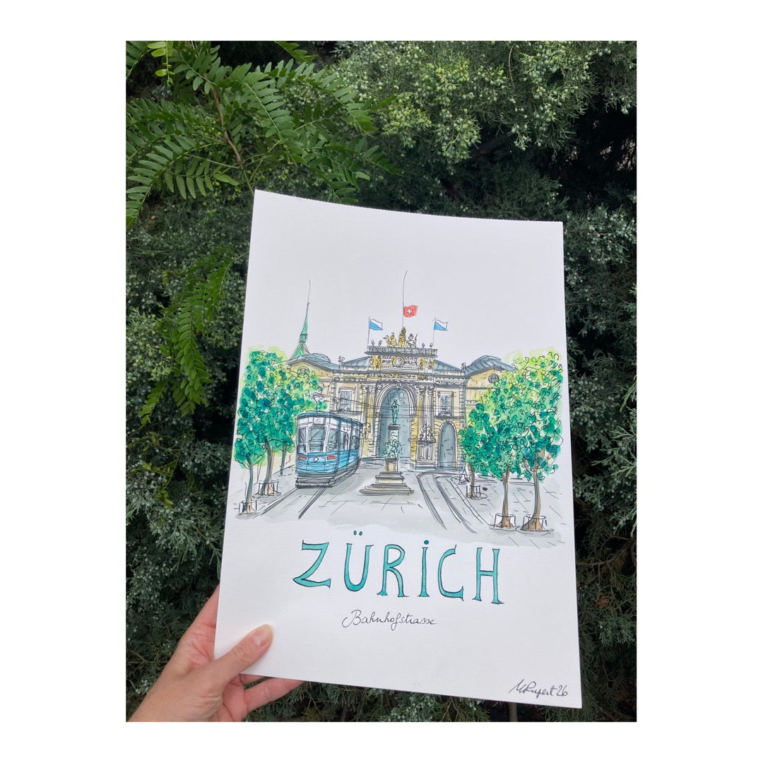 Original drawing of Zurich, Bahnhofstrasse