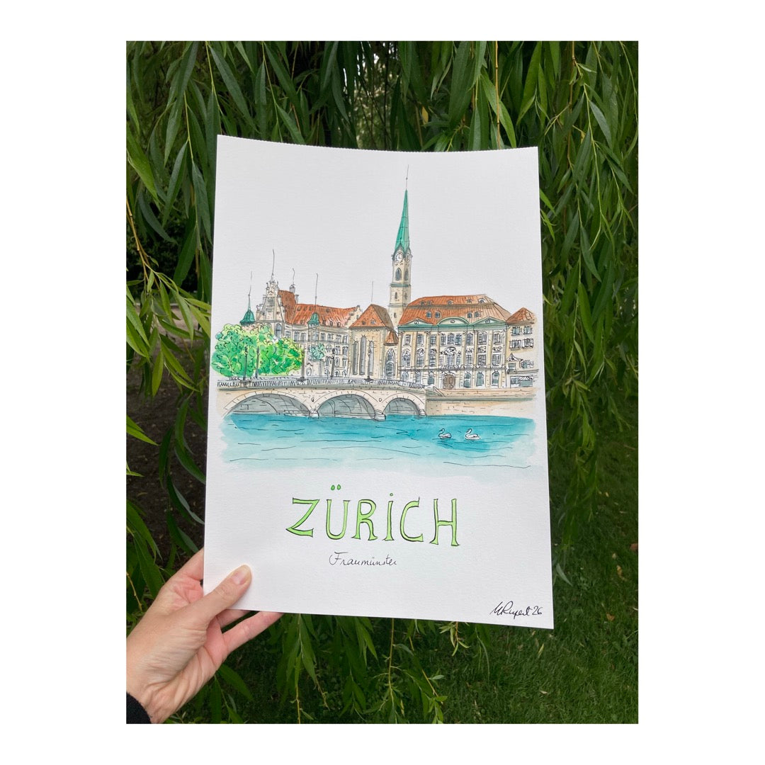 Original drawing of Zurich, Fraumünster