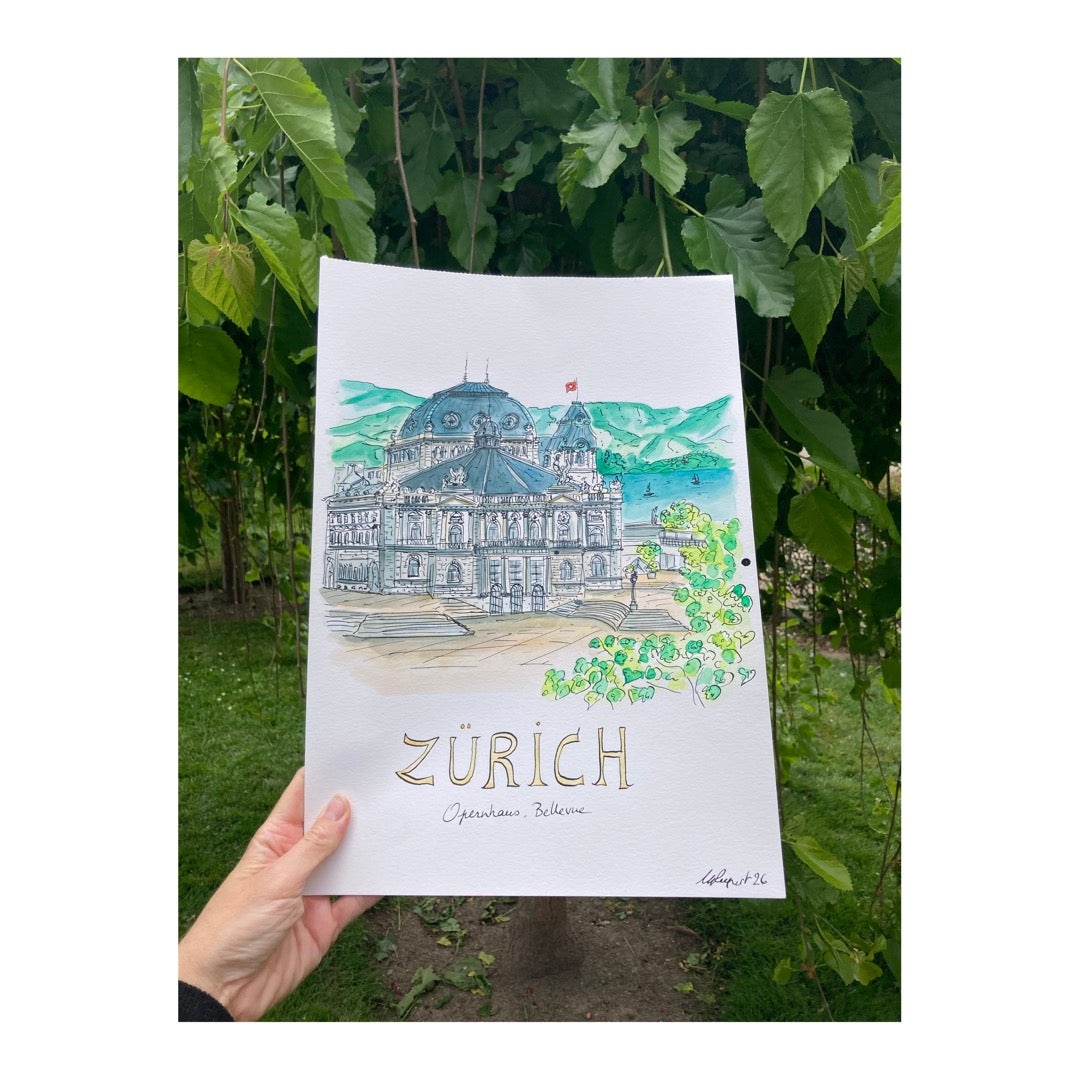 Original drawing of Zurich, Opernhaus, Bellevue
