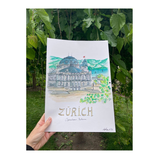 Original drawing of Zurich, Opernhaus, Bellevue
