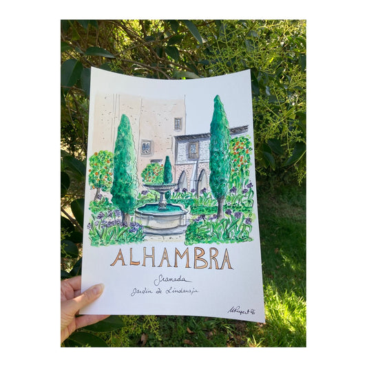 Original drawing of Alhambra, Jardin de Lindaraja, Granada